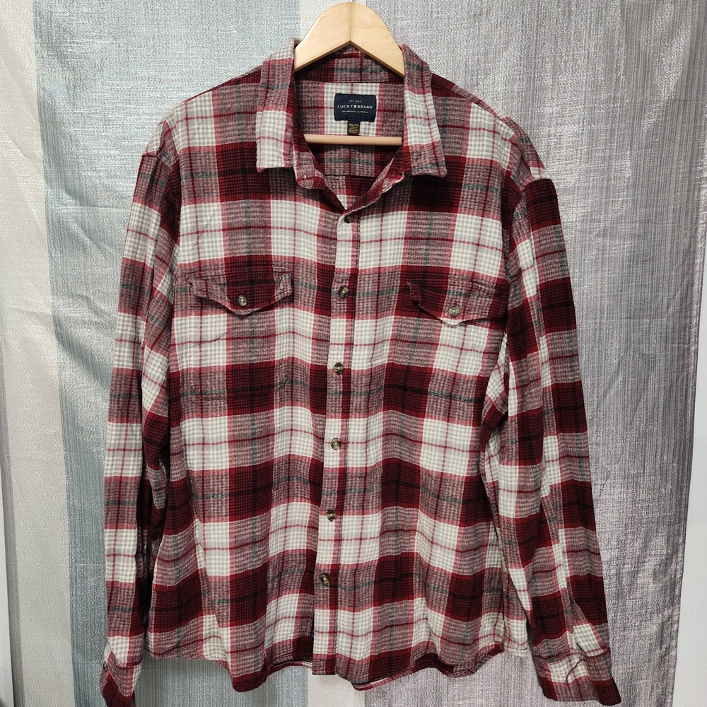 Lucky Brand Mens XXL Red White Plaid Flannel Button Down Shirt Cabin Workwear